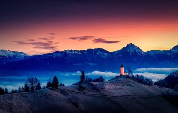 Picture The sky, Mountains, Fog, Landscape, Twilight, Slovenia