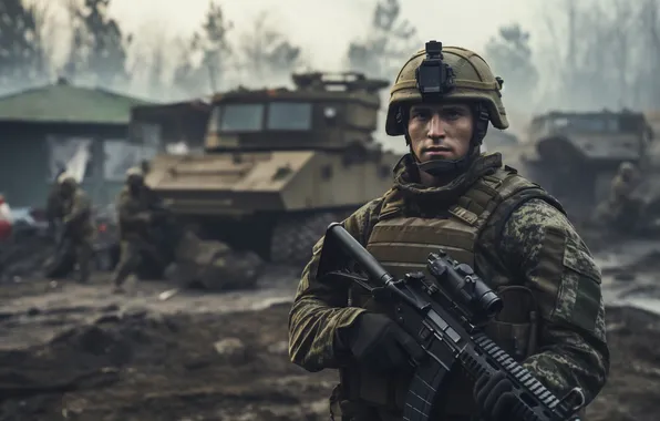 Soldiers, Machine, Men, Digital art, Helmet, Military equipment, AI art, The Art of Artificial Intelligence