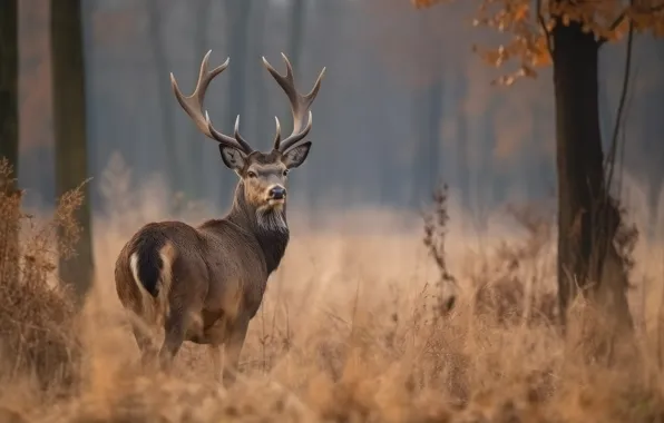 Picture autumn, forest, face, trees, nature, fog, glade, deer