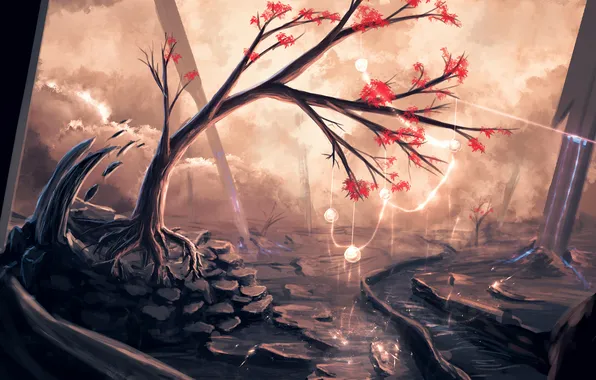 Trees, river, stones, art