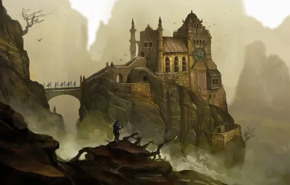 Picture bridge, castle, rocks, people, sword, art, fortress, dunechampion