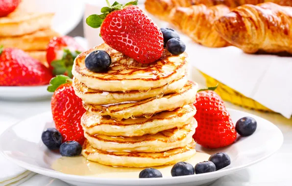 Picture berries, blueberries, strawberry, honey, pancakes, croissants, pancakes, pancakes