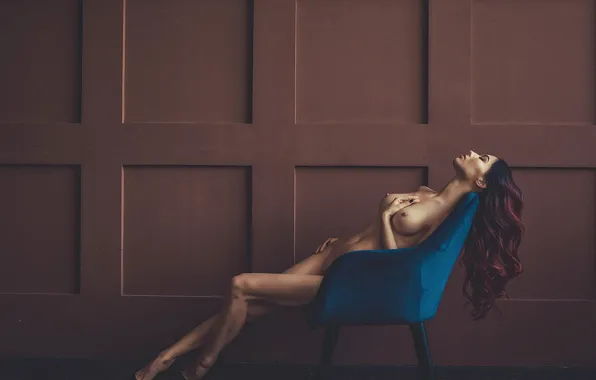 Erotic, girl, pose, wall, body, chair, brown hair, sitting
