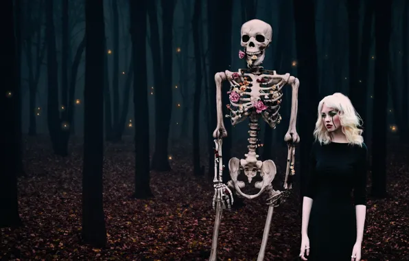Picture forest, girl, the situation, skeleton