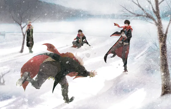 Picture winter, snow, guys, Harry Potter, fan art, looters, snowballs