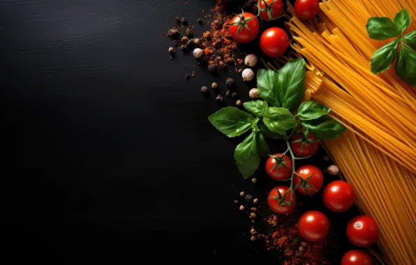 Greens, leaves, the dark background, Board, tomatoes, spaghetti, tomatoes, spices