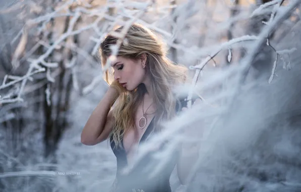 Winter, girl, branches, pose, photo, model, photographer, Kara