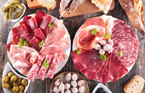 Meat, plates, olives, sausage, dish, bacon, meat, sausage