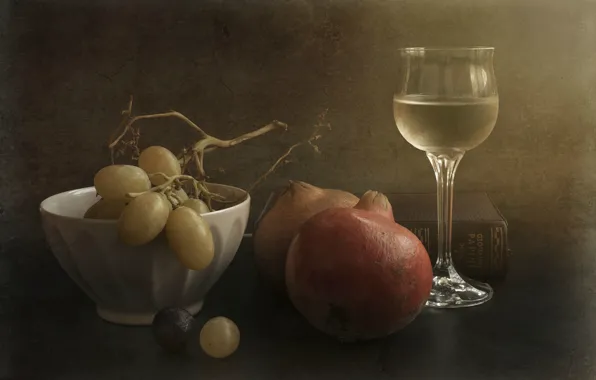 Wine, grapes, book, still life, garnet