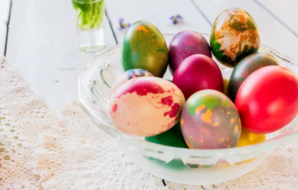 Holiday, eggs, Easter, lace, napkin, Easter, eggs, vase