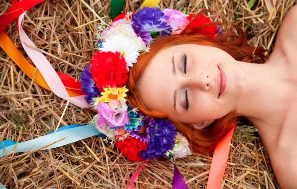 Face, hay, lies, wreath, redhead, face, smiling, closed eyes