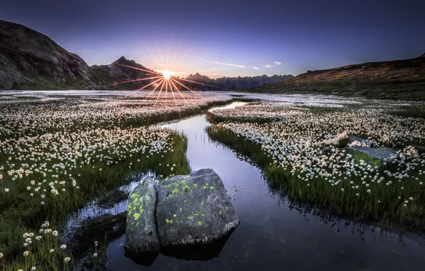 Picture mountains, river, morning