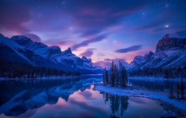Mountains, night, lake, reflection, island, Canada, Albert, Alberta