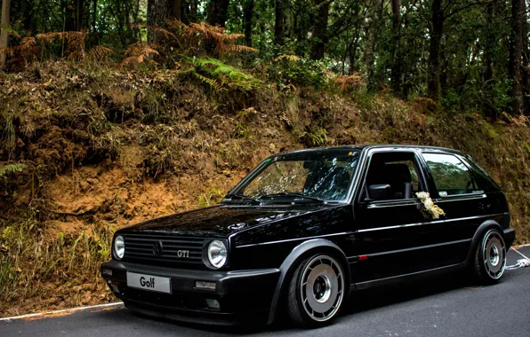 Picture Volkswagen, Front, Black, Golf, Stance, GOlf Mk2