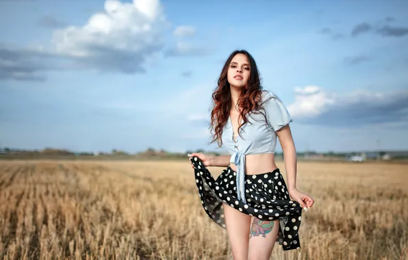 Picture field, look, landscape, sexy, pose, model, skirt, portrait