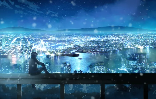 Picture the sky, stars, clouds, landscape, night, the city, lights, anime