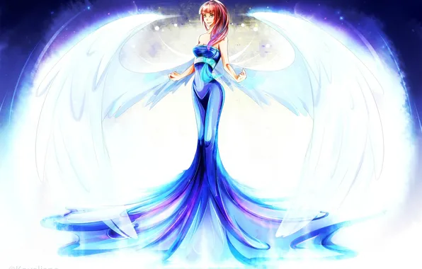 Picture wings, blue dress. light, anime. girl. angel