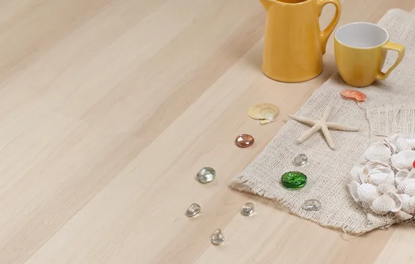 Floor, shell, mugs, napkin, pebbles, buttons