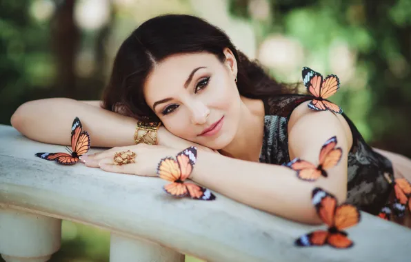 Girl, decoration, butterfly, smile, makeup, brunette, blouse, Diana Lipkina