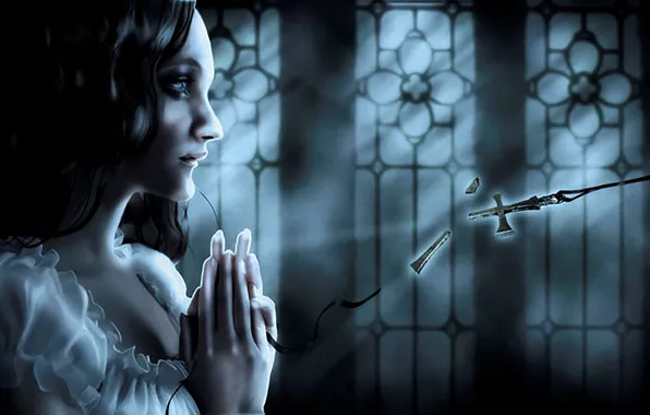 Girl, Night, Cross, Hair, Side, Gothic, Black ribbon