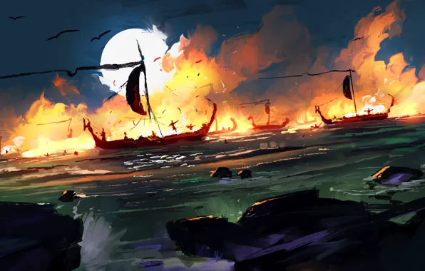 Sea, The moon, Ships, Battle, Fantasy, Concept Art, Sea battle, Dominik Mayer