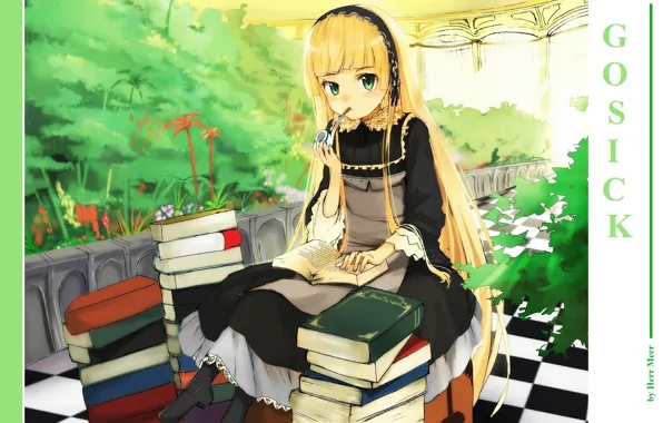 Black dress, chess floor, apron, books, Kapor, plants, victorique de broix, greenhouse