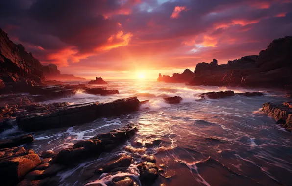 Sea, wave, the sun, clouds, landscape, sunset, nature, stones