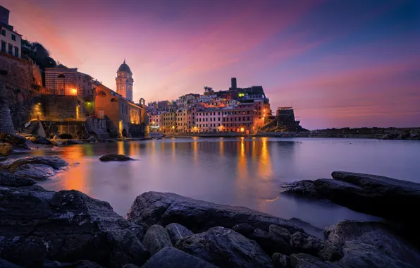 Sea, landscape, stones, rocks, shore, home, the evening, lighting