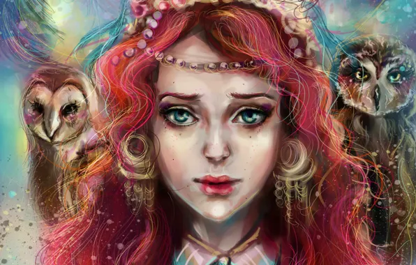 Wallpaper look, girl, face, art, girl, owls, art, manulys images for ...