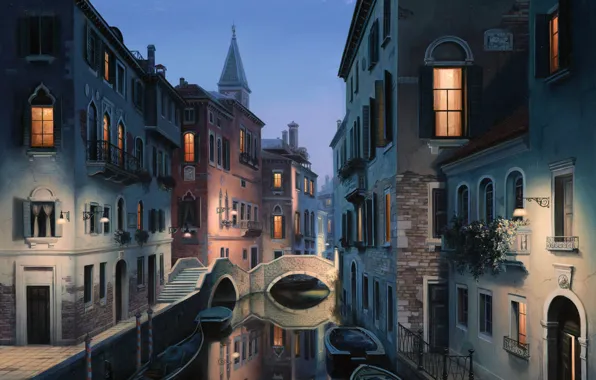 The city, Italy, Venice, channel, painting, Italy, gondola, painting