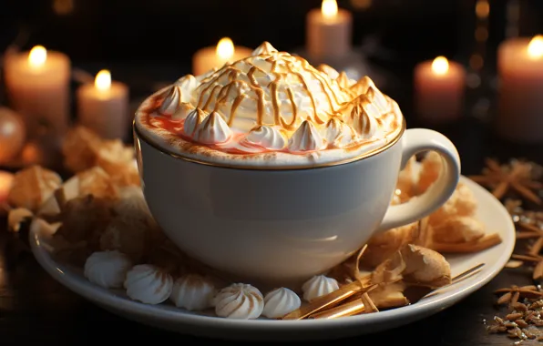 Christmas, Cup, New year, drink, cream, bokeh, whipped cream, AI art