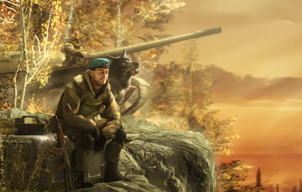 Picture forest, rendering, dog, soldiers, tank, special forces, Kalashnikov, Kalash
