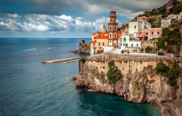 Sea, rock, coast, building, home, Italy, Italy, Campania