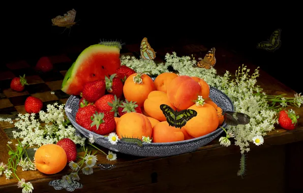 Butterfly, flowers, berries, watermelon, strawberry, fruit, still life, a lot
