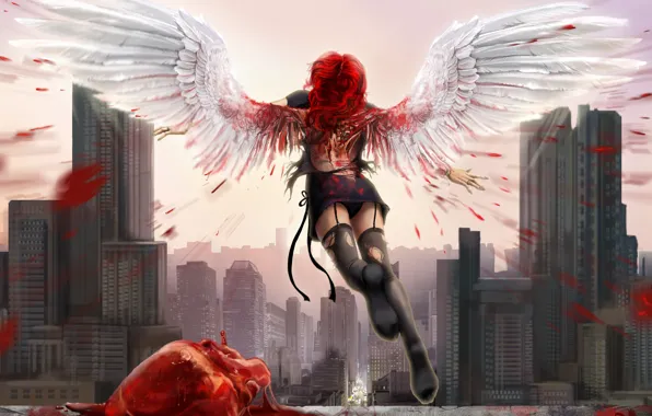 Girl, squirt, the city, blood, heart, wings, angel, stockings