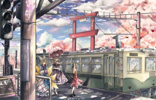 Joy, girls, mood, train, Sakura, the platform, art, Touhou