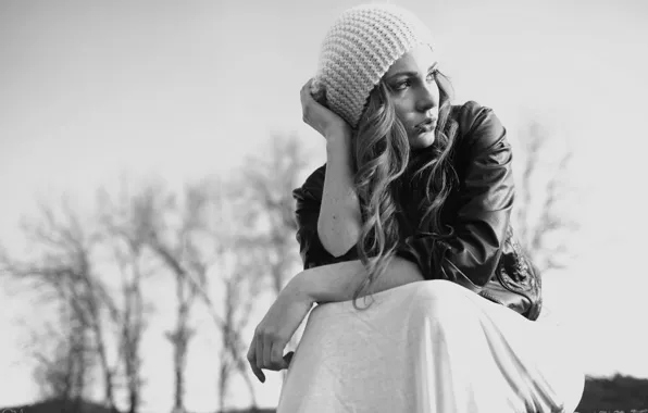 Girl, dress, trees, woman, model, black and white, female, jacket