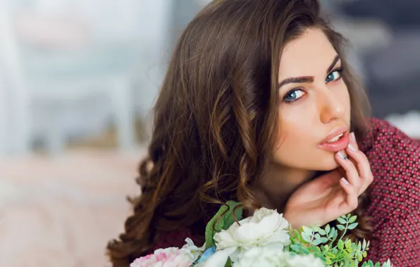 Look, girl, flowers, pose, hand, portrait, bouquet, brown hair