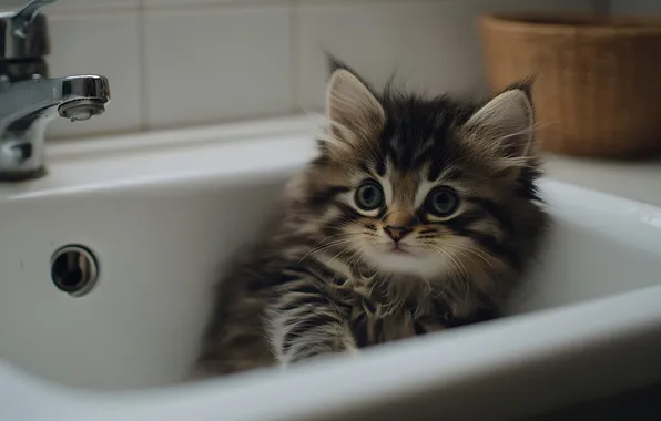 Cat, look, pose, kitty, grey, tile, crane, sink