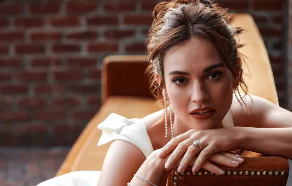 Pose, portrait, actress, brown hair, beauty, bokeh, Lily James, Lily James
