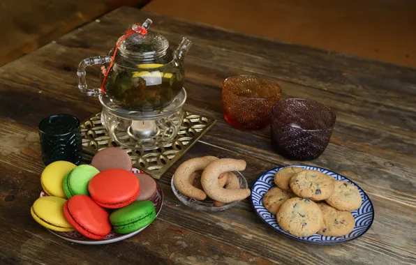 Tea, cookies, cakes, macaroon