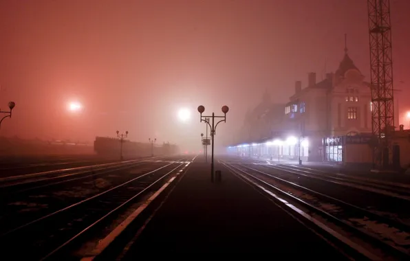 Night, rails, station, station, lights of lanterns