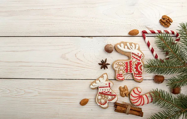 Board, cookies, Christmas, New year, nuts, cinnamon, deer, needles