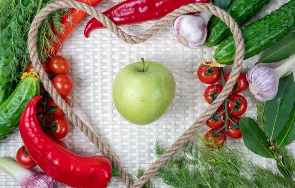 Greens, heart, Apple, rope, pepper, vegetables, tomatoes, composition