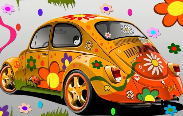 Flowers, the world, glamour, VW 1303, Super Beetle