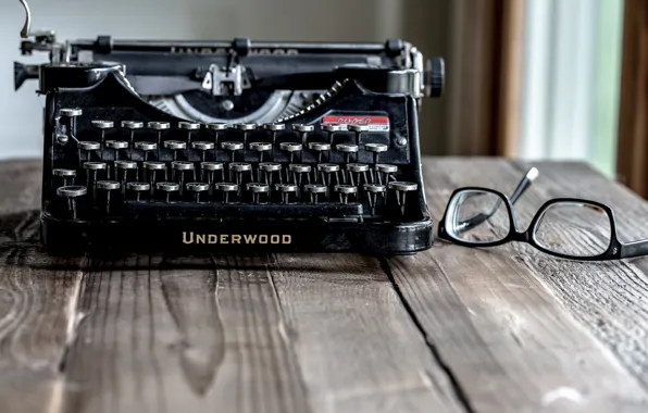 Picture glasses, underwood, typewriter
