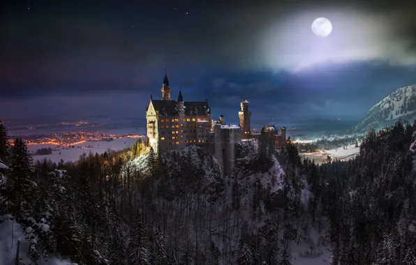 Night, the moon, Neuschwanstein Castle, South-Western Bavaria, the South of Germany