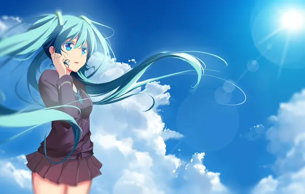 Picture the sky, girl, the sun, clouds, anime, art, vocaloid, hatsune miku