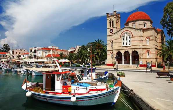 Picture sea, palm trees, island, home, boats, Greece, Church, The Saronic Gulf