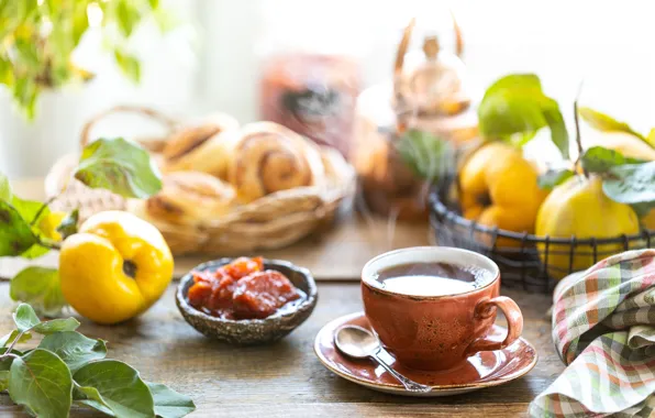 Tea, fruit, jam, quince, buns, spoon, Cup and saucer, Karina Klachuk